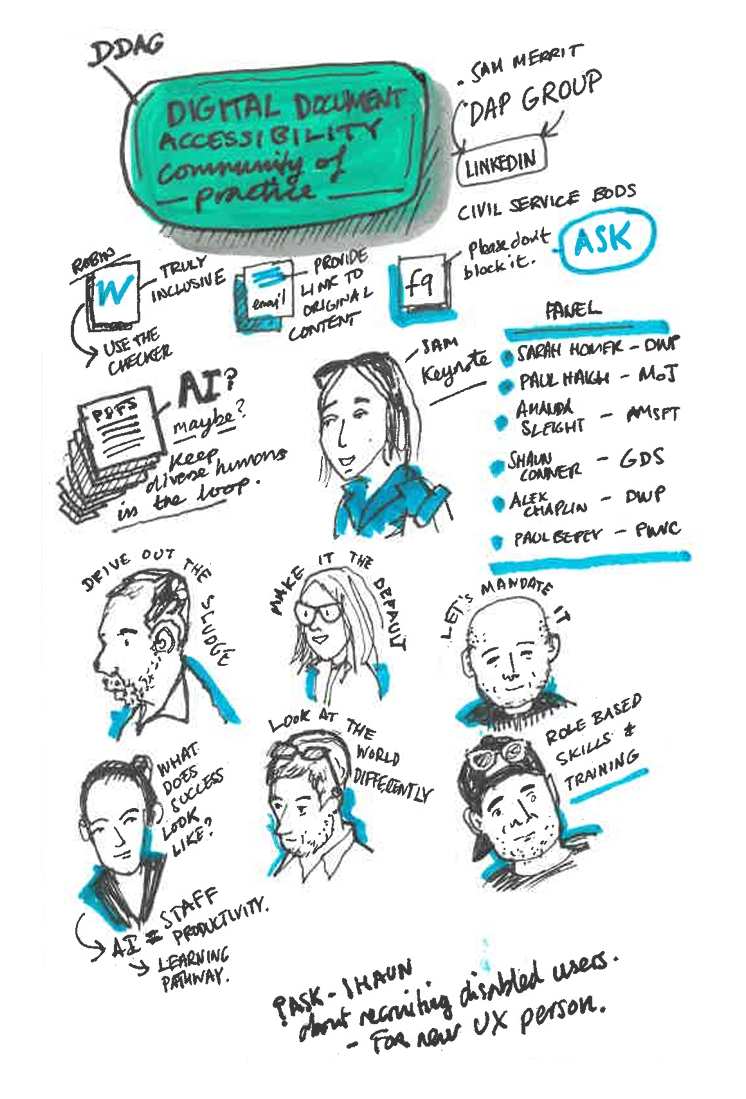 Sketchnotes of first session with drawings of panel members